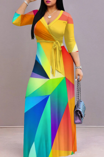 Colour Elegant Print Patchwork Strap Design V Neck Long Dresses