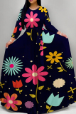 Brownness Elegant Print Patchwork Strap Design O Neck Long Dresses
