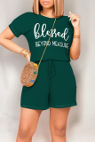 Burgundy Casual Daily Letter Print Pocket Lace Up O Neck Loose Rompers