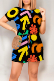 Multicolor Casual Geometric Print Letter Print Pocket Contrast O Neck Loose Rompers