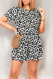 Grey Casual Leopard Print Draw String Pocket O Neck Loose Rompers