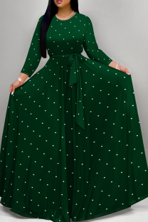 Ink Green Elegant Polka Dot Patchwork Strap Design O Neck Long Dresses