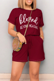 Burgundy Casual Daily Letter Print Pocket Lace Up O Neck Loose Rompers