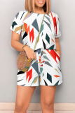 Multicolor Casual Geometric Print Letter Print Pocket Contrast O Neck Loose Rompers