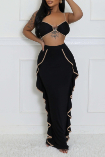 Black Celebrities Hollow Out Patchwork Backless Ruffled Trim Spaghetti Strap Sleeveless Two Pieces