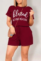Burgundy Casual Daily Letter Print Pocket Lace Up O Neck Loose Rompers