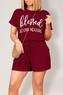 Burgundy Casual Daily Letter Print Pocket Lace Up O Neck Loose Rompers