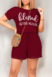 Burgundy Casual Daily Letter Print Pocket Lace Up O Neck Loose Rompers