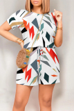 Multicolor Casual Geometric Print Letter Print Pocket Contrast O Neck Loose Rompers