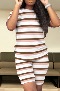 Dark Brown Casual Stripe Patchwork O Neck Short Sleeve Two Pieces