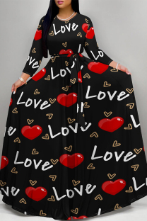 Black Elegant Gradient Print Camouflage Print Letter Print Faux Denim Print Lace Up Contrast O Neck Printed Dresses