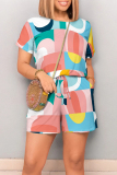 Multicolor Casual Geometric Print Letter Print Pocket Contrast O Neck Loose Rompers