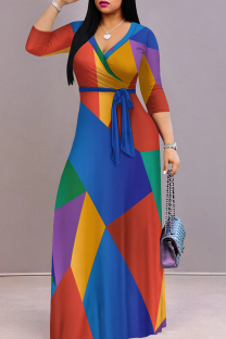 Yellow And Blue Elegant Print Patchwork Strap Design V Neck Long Dresses