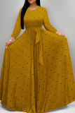 Earth Yellow Elegant Polka Dot Patchwork Strap Design O Neck Long Dresses