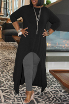 Black Casual Solid Color Patchwork O Neck Irregular Dresses