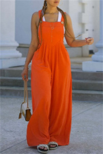 Tangerine Red Casual Solid Color Buttons Backless Spaghetti Strap Regular Jumpsuits
