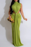 Black Elegant Solid Color Patchwork Ruched Half A Turtleneck Long Dresses