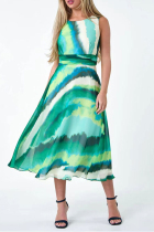 Green Elegant Print Patchwork O Neck A Line Dresses
