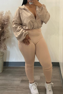 Light Coffee Casual Solid Color Draw String Patchwork Zipper Turndown Collar Long Sleeve Two Pieces