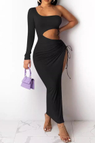 Black Sexy Solid Color Hollow Out Draw String Patchwork High Slit Asymmetrical Collar Long Dresses