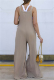 Khaki Casual Solid Color Buttons Backless Spaghetti Strap Regular Jumpsuits