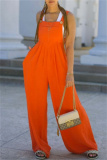 Khaki Casual Solid Color Buttons Backless Spaghetti Strap Regular Jumpsuits