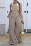 Khaki Casual Solid Color Buttons Backless Spaghetti Strap Regular Jumpsuits