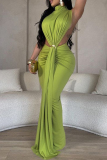 Black Elegant Solid Color Patchwork Ruched Half A Turtleneck Long Dresses