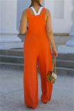 Khaki Casual Solid Color Buttons Backless Spaghetti Strap Regular Jumpsuits