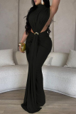 Black Elegant Solid Color Patchwork Ruched Half A Turtleneck Long Dresses