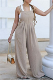 Khaki Casual Solid Color Buttons Backless Spaghetti Strap Regular Jumpsuits