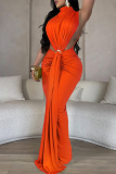 Black Elegant Solid Color Patchwork Ruched Half A Turtleneck Long Dresses
