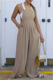 Khaki Casual Solid Color Buttons Backless Spaghetti Strap Regular Jumpsuits