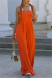 Khaki Casual Solid Color Buttons Backless Spaghetti Strap Regular Jumpsuits