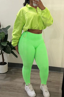 Green Casual Solid Color Draw String Patchwork Zipper Turndown Collar Long Sleeve Two Pieces