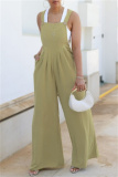 Khaki Casual Solid Color Buttons Backless Spaghetti Strap Regular Jumpsuits