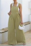 Khaki Casual Solid Color Buttons Backless Spaghetti Strap Regular Jumpsuits