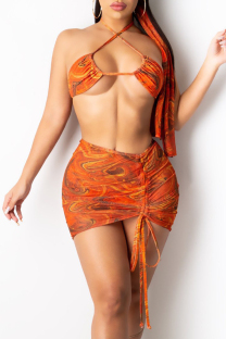 Orange Sexy Print Hollow Out Draw String Patchwork Backless 4 Piece Sets