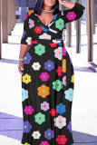 Brown Casual Print Belted V Neck Long Plus Size Dresses