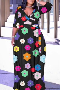 Black Casual Print Belted V Neck Long Plus Size Dresses
