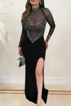Black Elegant Solid Color Patchwork High Slit Hot Drill O Neck Long Dresses