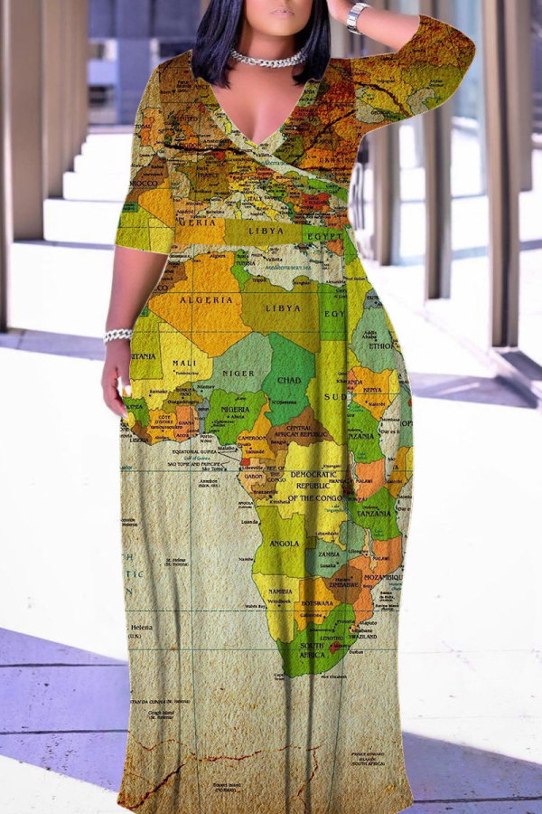 Brown Casual Print Belted V Neck Long Plus Size Dresses