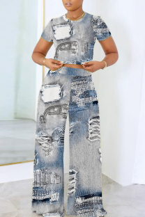 The cowboy blue Casual Print Basic O Neck Short Sleeve Two Pieces