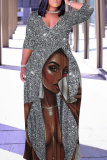 Brown Casual Print Belted V Neck Long Plus Size Dresses