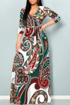 White Elegant National Totem Chain print Lace Up Contrast V Neck Printed Dresses