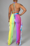 Blue Street Gradient Color Patchwork Backless Strap Design Ruffled Trim Spaghetti Strap Three Pieces