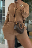 Yellow Casual Solid Color Lace Up Buckle Patchwork Turndown Collar Long Sleeve Two Pieces