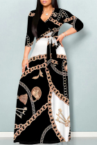 Black And White Elegant National Totem Chain print Lace Up Contrast V Neck Printed Dresses
