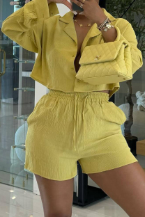 Yellow Casual Solid Color Lace Up Buckle Patchwork Turndown Collar Long Sleeve Two Pieces