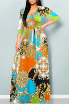 Multi-color Elegant National Totem Chain print Lace Up Contrast V Neck Printed Dresses